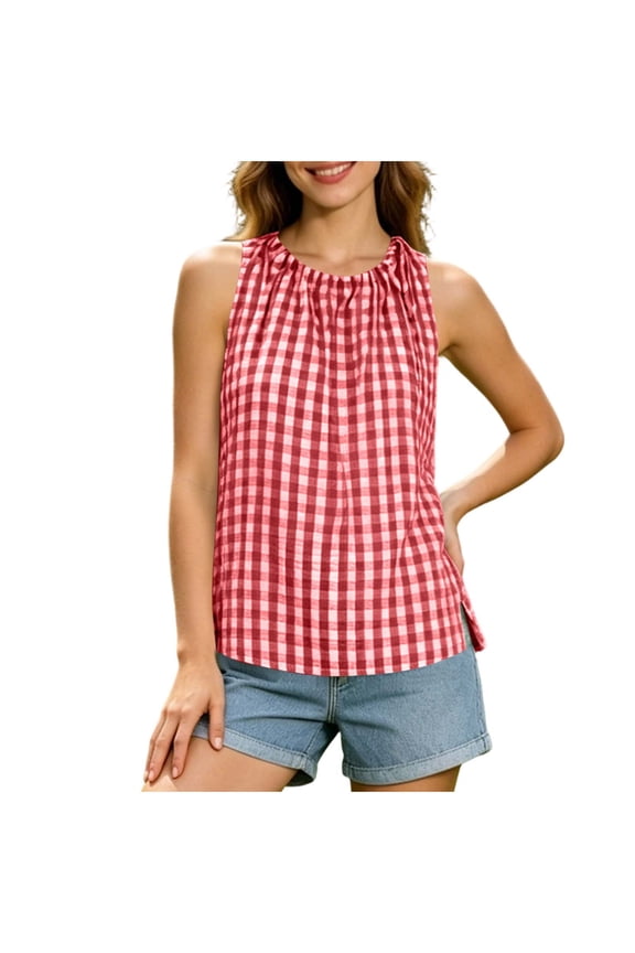 Women's Gingham Check Round Neck Gathered Neck Sleeveless Tank Tops Side Split Loose Casual Blouses for Summer Daily Wear