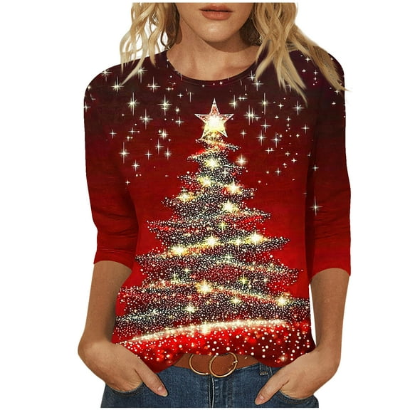 Turilly Women's Graphic Blouses Christmas Tree Printed 3/4 Sleeve Crewneck Pullover Fashionable Top