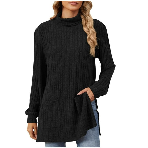 Turilly Women's Half High Neck Sweaters Long Sleeve Loose Split Pocket Women's Knitted Top