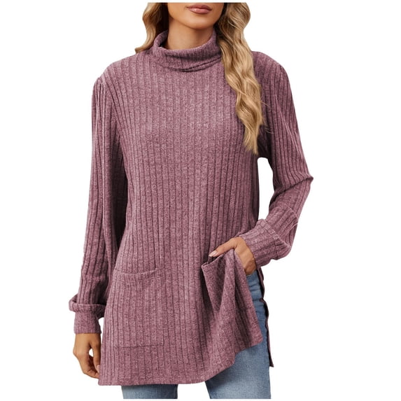 Turilly Women's Half High Neck Sweaters Long Sleeve Loose Split Pocket Women's Knitted Top
