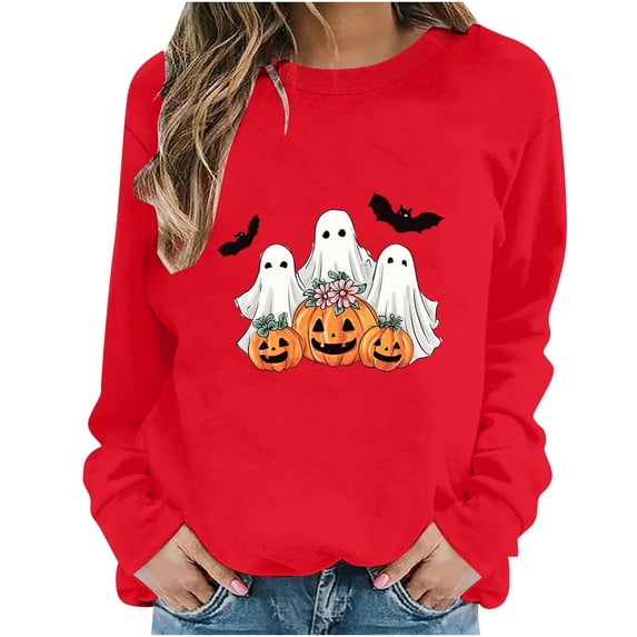 Turilly Women's Halloween Ghosts and Floral Pumpkins Graphic Crewneck Sweatshirt Long Sleeve Fall Holiday Pullover Top