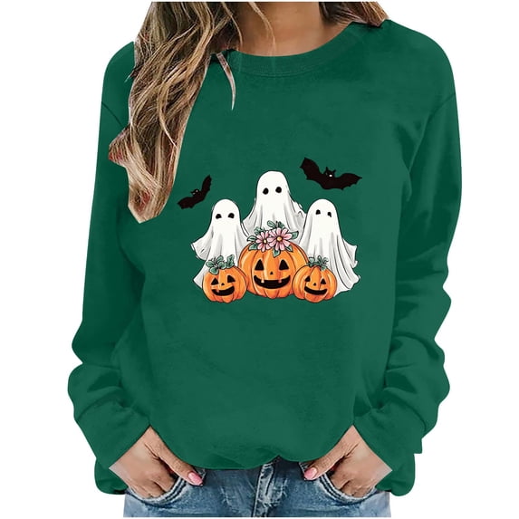 Turilly Women's Halloween Ghosts and Floral Pumpkins Graphic Crewneck Sweatshirt Long Sleeve Fall Holiday Pullover Top