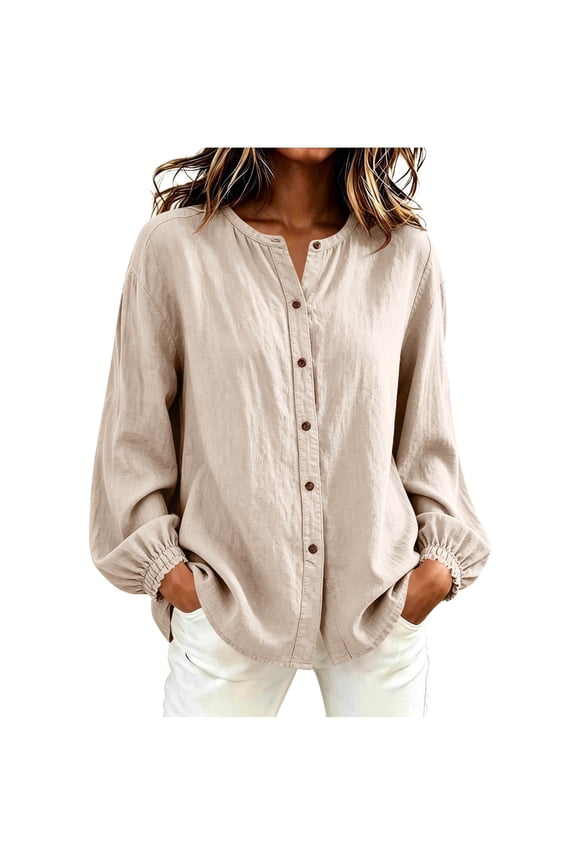 Women's Long Elastic Cuff Sleeve Button Up T-Shirts V-Neck Casual Loose Fit V-Neck Blouse