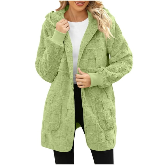Turilly Women's Long-Sleeved Hooded Coats Plaid Fleece Pocket Casual Jacket Winter Loose Warm Coat
