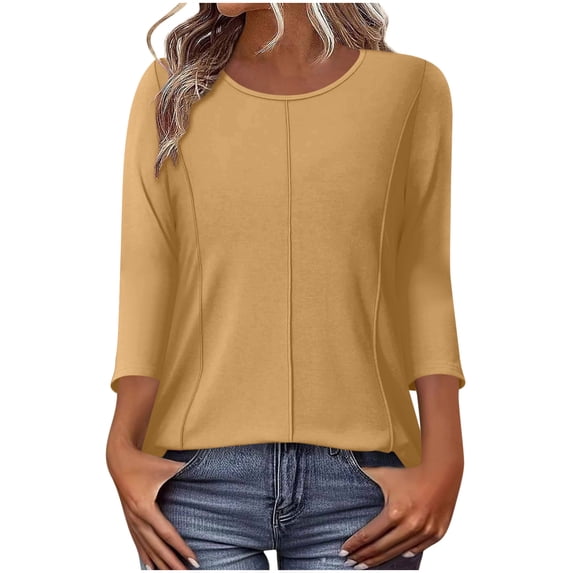 Turilly Women's Loose Fit Seamed Tunic Tops Fashionable Ladies Casual Solid Color 3/4 Sleeve Round Neck Spring And Summer Top