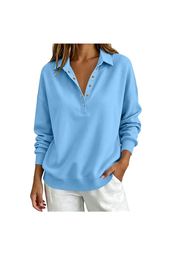 Women's Loose Fitting Collared Sweatshirt Casual Long Sleeve Button Pullover with Relaxed Fit Winter Clothing
