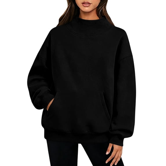 Turilly Women's Mock Neck Pull-On Sweatshirt Long Sleeve Solid Color Casual Top with Front Pocket & Drop Shoulder, Relaxed Fit Fall Winter Lounge Pullover