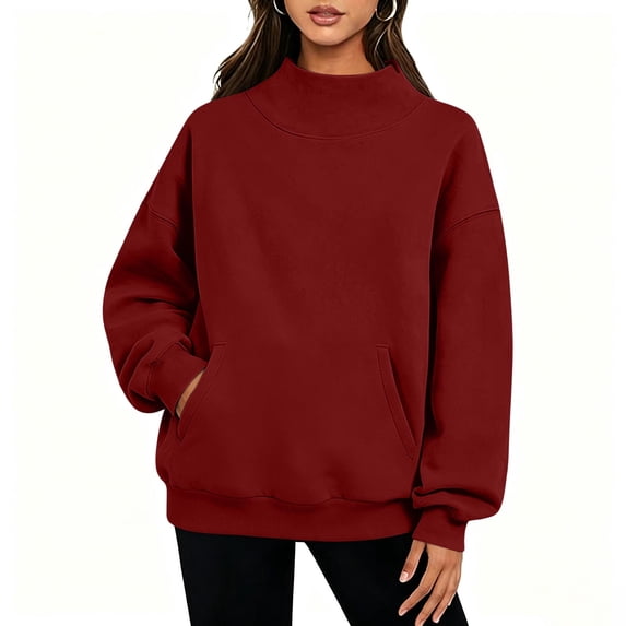 Turilly Women's Mock Neck Pull-On Sweatshirt Long Sleeve Solid Color Casual Top with Front Pocket & Drop Shoulder, Relaxed Fit Fall Winter Lounge Pullover
