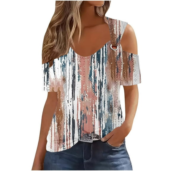 Turilly Women's New Off-The-Shoulder Short-Sleeved Cutout Casual Printed Top