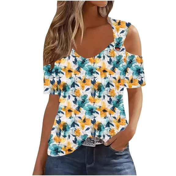 Turilly Women's New Off-The-Shoulder Short-Sleeved Cutout Casual Printed Top