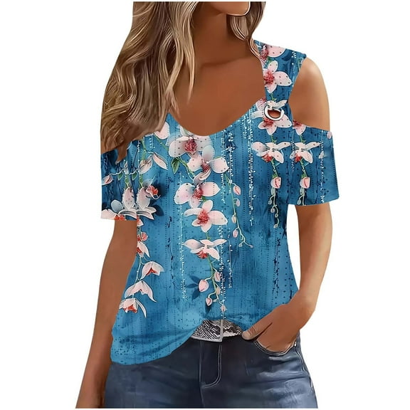 Turilly Women's New Off-The-Shoulder Short-Sleeved Cutout Casual Printed Top