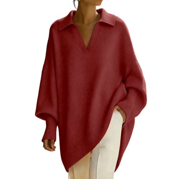 Turilly Women's Oversized Collared Sweater Batwing Long Sleeve Knit Top with Asymmetric Draped Hem Design