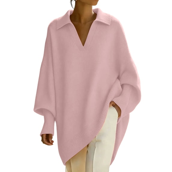Turilly Women's Oversized Collared Sweater Batwing Long Sleeve Knit Top with Asymmetric Draped Hem Design