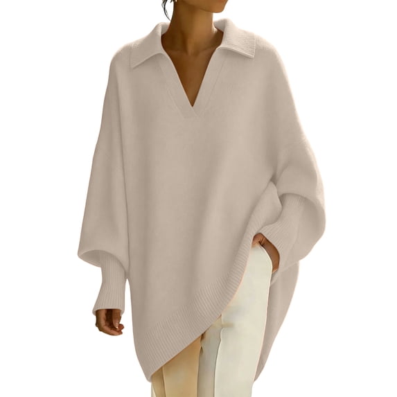 Turilly Women's Oversized Collared Sweater Batwing Long Sleeve Knit Top with Asymmetric Draped Hem Design