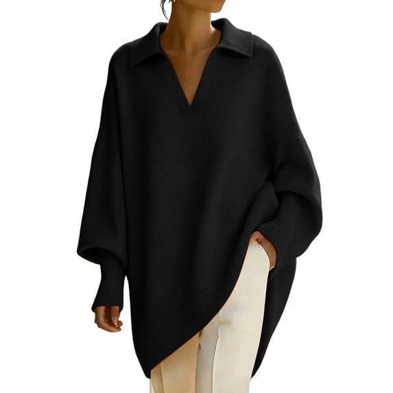 Turilly Women's Oversized Collared Sweater Batwing Long Sleeve Knit Top with Asymmetric Draped Hem Design