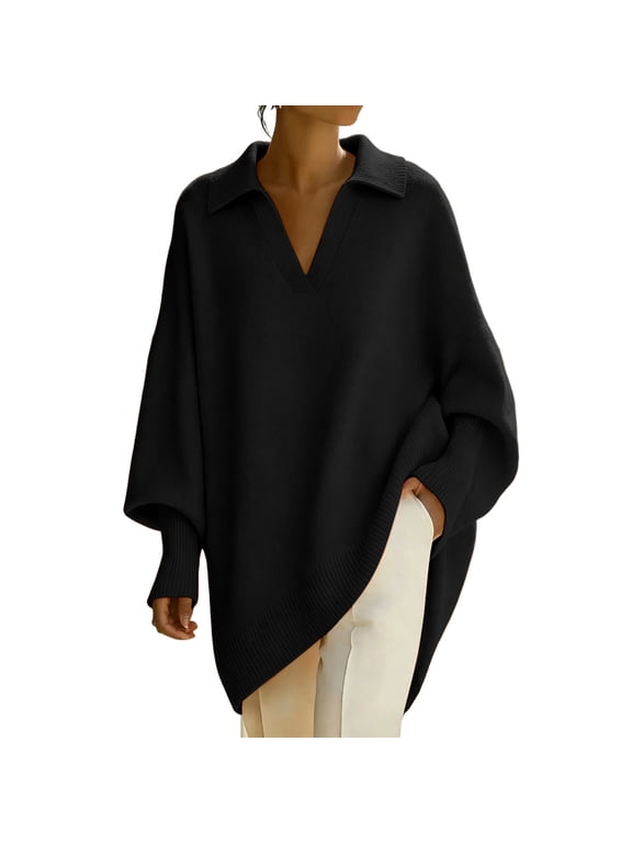 Women's Oversized Collared Sweater Batwing Long Sleeve Knit Top with Asymmetric Draped Hem Design