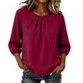 thumbnail image 1 of Turilly Women's Pleated Blouse with Raglan 3/4 Bubble Sleeves Summer Ladies Casual Solid Round Neck Loose Tunic Top Daily Wear, 1 of 6