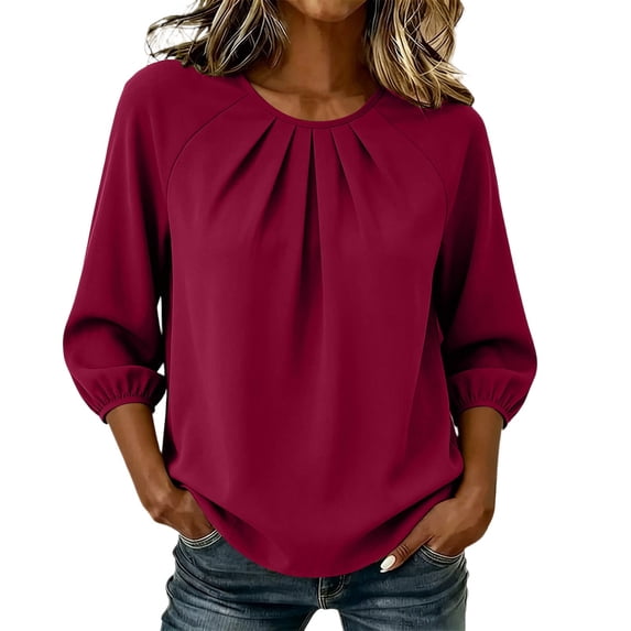 Turilly Women's Pleated Blouse with Raglan 3/4 Bubble Sleeves Summer Ladies Casual Solid Round Neck Loose Tunic Top Daily Wear