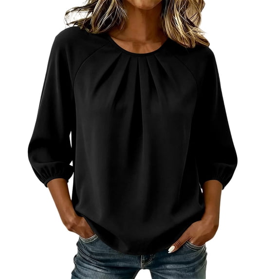 Turilly Women's Pleated Blouse with Raglan 3/4 Bubble Sleeves Summer Ladies Casual Solid Round Neck Loose Tunic Top Daily Wear