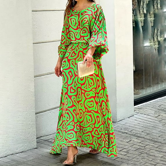 Turilly Women's Plus Size Clothes Clearance Women Fashion Plus Size Casual Printed Long Sleeve Round Neck Tops Long Dress Set