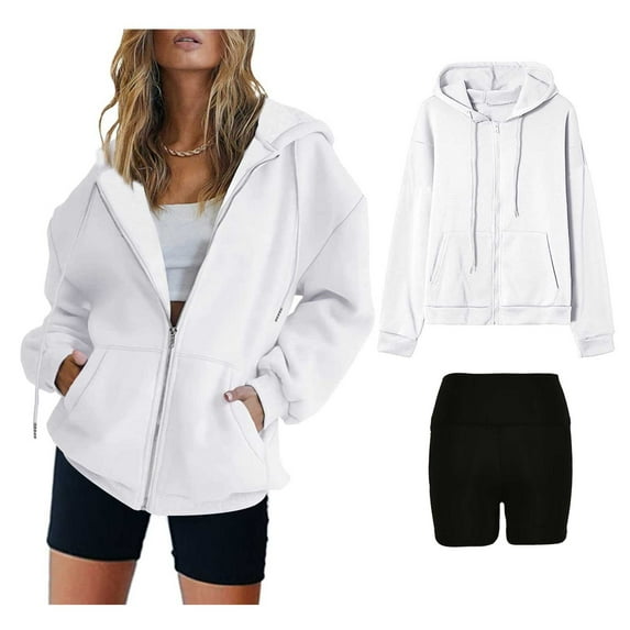 Turilly Women's Plus Size Clothes Women Casual Hooded Neck Long Sleeve Loose Regular Blouse Tops and Shorts Set