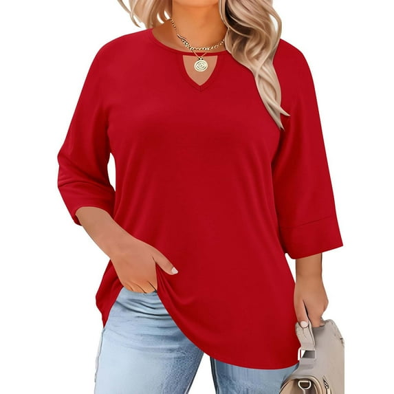 Turilly Women's Plus Size Crewneck Tops with Front Cutout 3/4 Sleeves Solid Color Base Layer T-Shirt