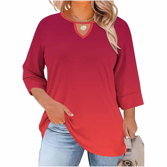 Turilly Women's Plus Size Crewneck Tops with Front Cutout Three Quarter Sleeve Free Position Printing Base Layer T-Shirt