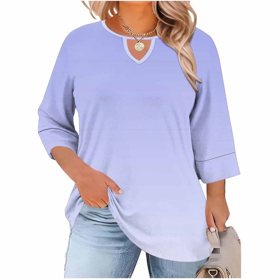 Turilly Women's Plus Size Crewneck Tops with Front Cutout Three Quarter Sleeve Free Position Printing Base Layer T-Shirt
