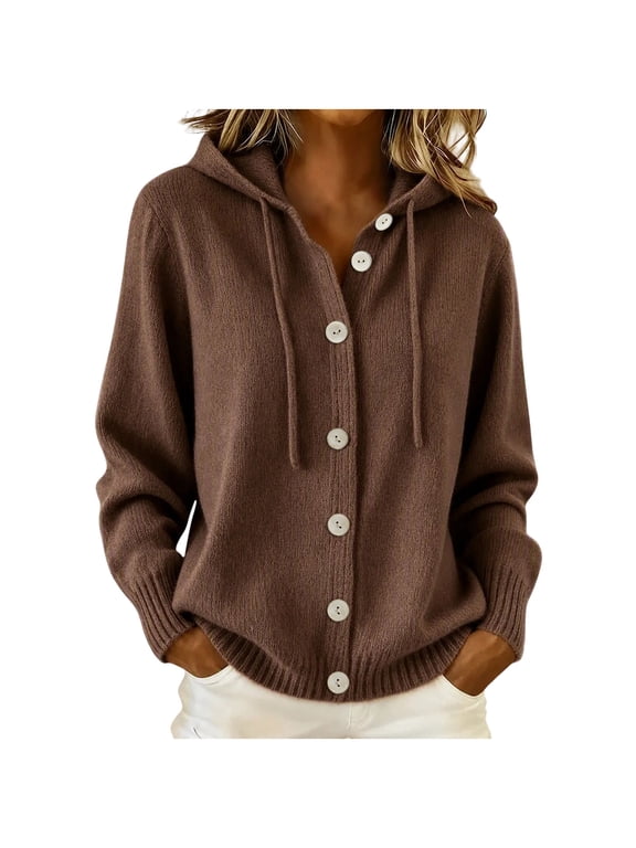 Women's Plus Size Hooded Cardigan Sweaters Button Down Long Sleeve Knit Top with Drawstring and Relaxed Fit
