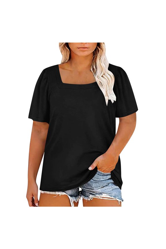 Women's Plus Size Puff Sleeve Tops Square Neck Casual Loose Fit Solid Color Summer T-Shirts for Women
