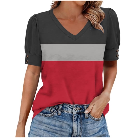 Turilly Women's Puff Sleeve Color Block Top Fashion Ladies V-Neck Button Detail Summer T-Shirt