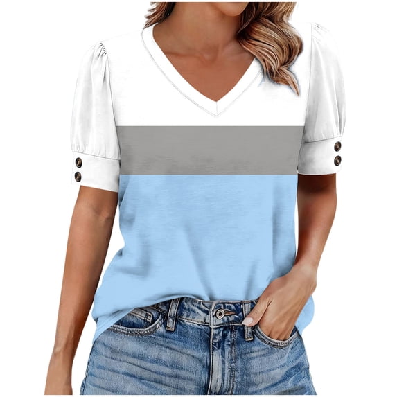 Turilly Women's Puff Sleeve Color Block Top Fashion Ladies V-Neck Button Detail Summer T-Shirt