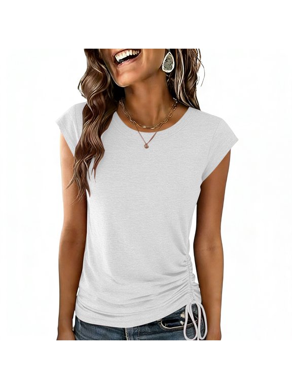 Women's Round Neck Cap Sleeve T-Shirt Summer Ladies Casual Side Ruched Drawstring Slim Fit Top