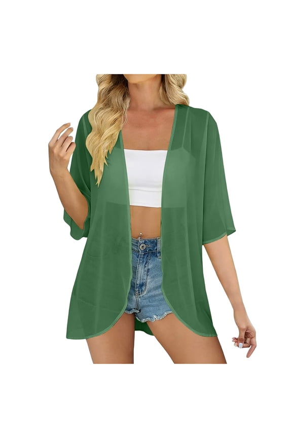 Women's Sheer Chiffon Open Front Cardigan Kimono Half Sleeve Lightweight Solid Color Cover Up