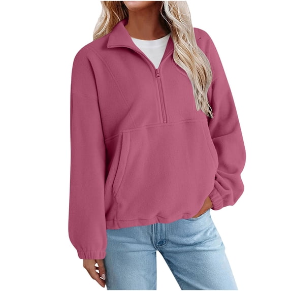 Turilly Women's Sherpa Pullovers Long Sleeve Dropped Shoulder Half-Zipper Fuzzy Fleece Pullover Pocket Solid Color Loose Pullover Jacket