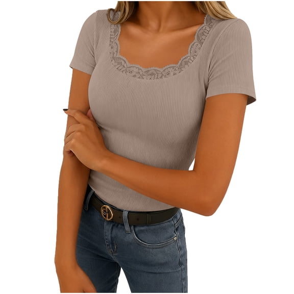 Turilly Women's Short Sleeve Thermal Shirts Crewneck T-Shirts Lace Splicng Fall Blouse Tops Khaki XL