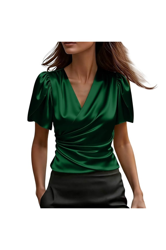 Women's Silky Smooth Satin Wrap Tops Women'S Solid Color Short-Sleeved V-Neck Satin Top for Spring And Summer