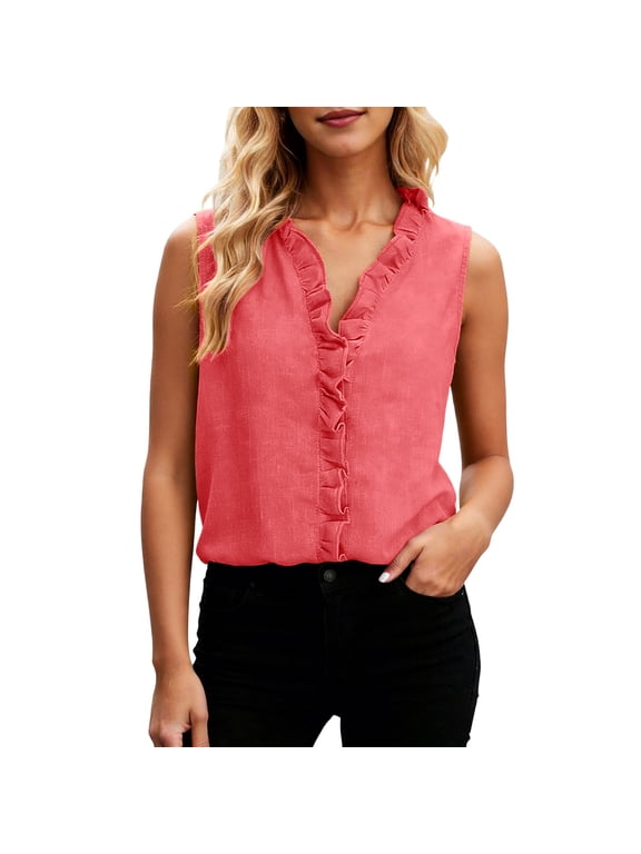 Women's Sleeveless Open Front Cardigans Button Down Shirt Summer Ladies Ruffle V-Neck Casual Chambray Blouse