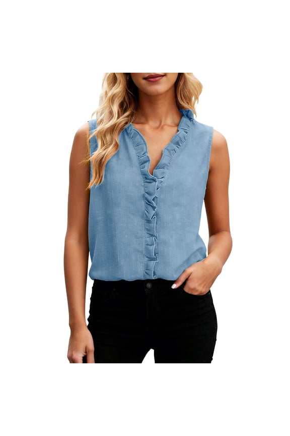 Women's Sleeveless Open Front Cardigans Button Down Shirt Summer Ladies Ruffle V-Neck Casual Chambray Blouse