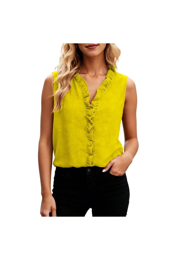 Women's Sleeveless Open Front Cardigans Button Down Shirt Summer Ladies Ruffle V-Neck Casual Chambray Blouse