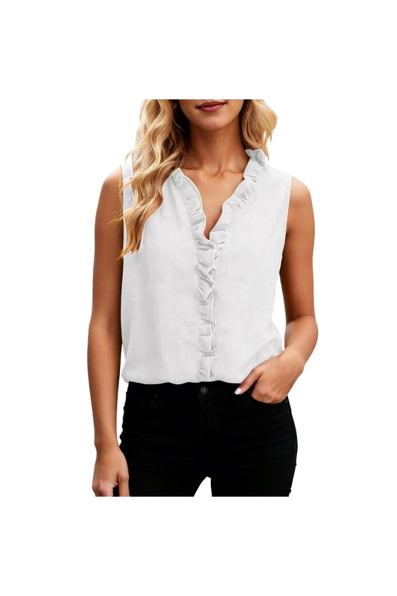Women's Sleeveless Open Front Cardigans Button Down Shirt Summer Ladies Ruffle V-Neck Casual Chambray Blouse