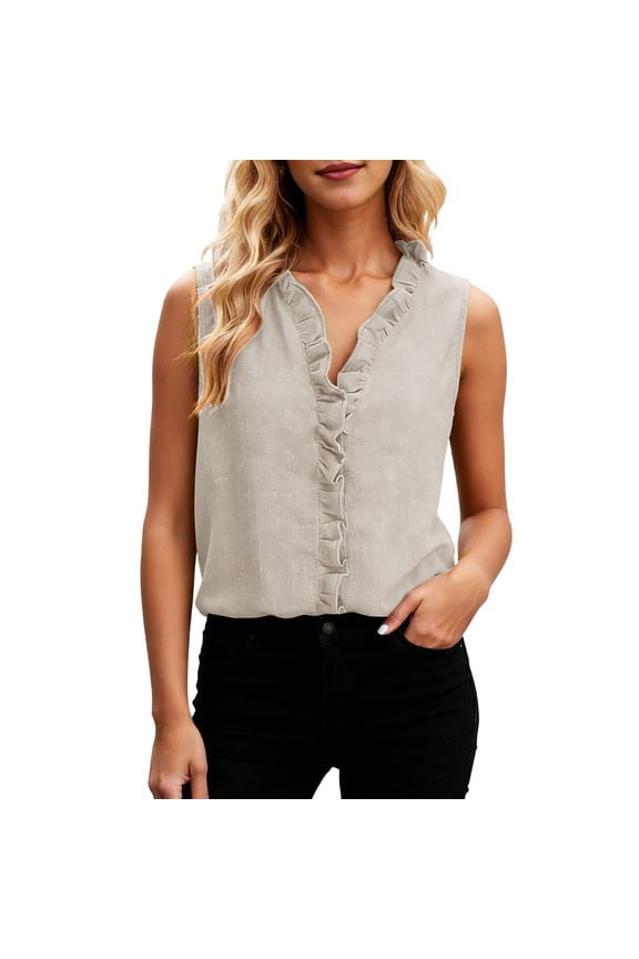 Women's Sleeveless Open Front Cardigans Button Down Shirt Summer Ladies Ruffle V-Neck Casual Chambray Blouse