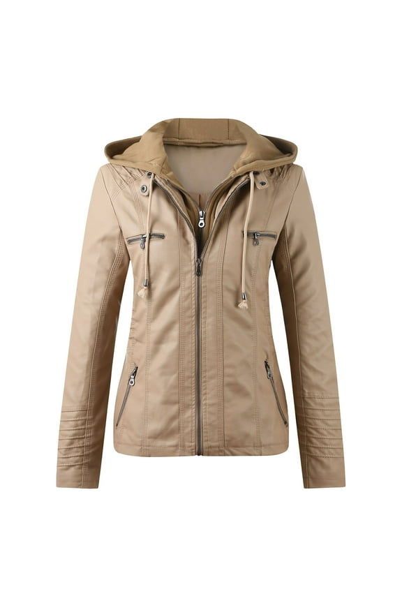 Women's Slim Leather Stand Collar Zip Motorcycle Suit Belt Coat Tops