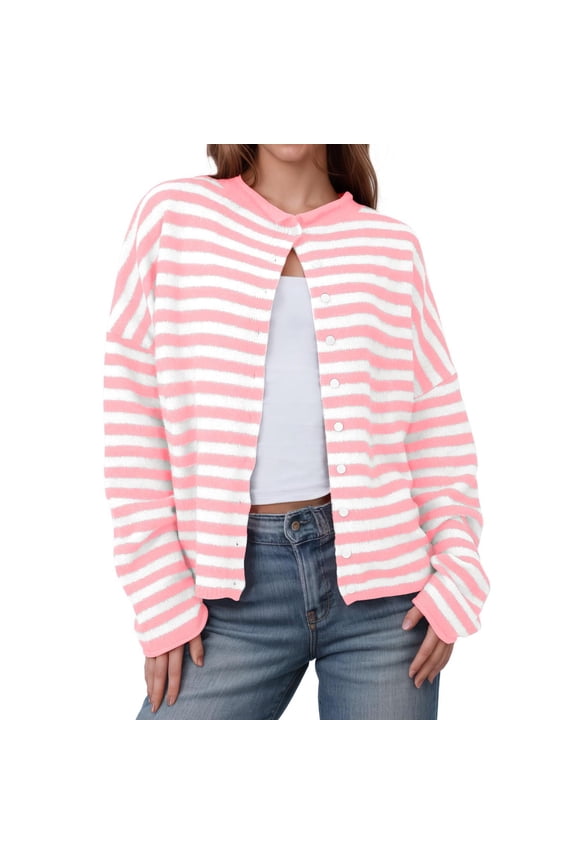Women's Soft Striped Knit Sweaters Cardigan With Breasted Button Front And Round Neck