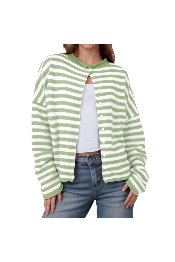 Women's Soft Striped Knit Sweaters Cardigan With Breasted Button Front And Round Neck