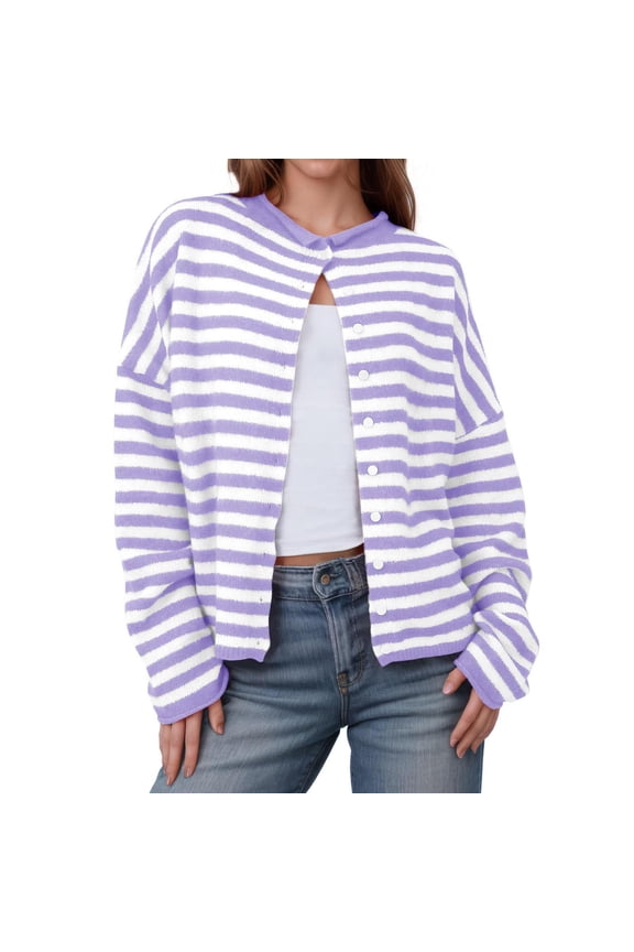 Women's Soft Striped Knit Sweaters Cardigan With Breasted Button Front And Round Neck