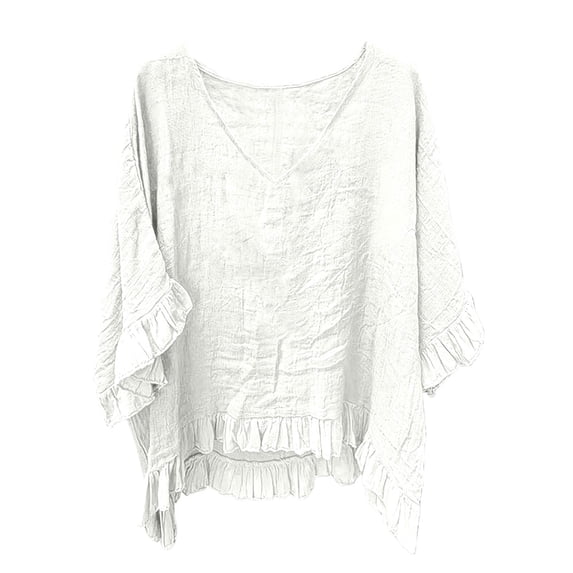 Turilly Women's Solid Color 3/4 Sleeves Tops Summer Ladies Loose Fit V-Neck Ruffle Hem Cuffs T-Shirt Top