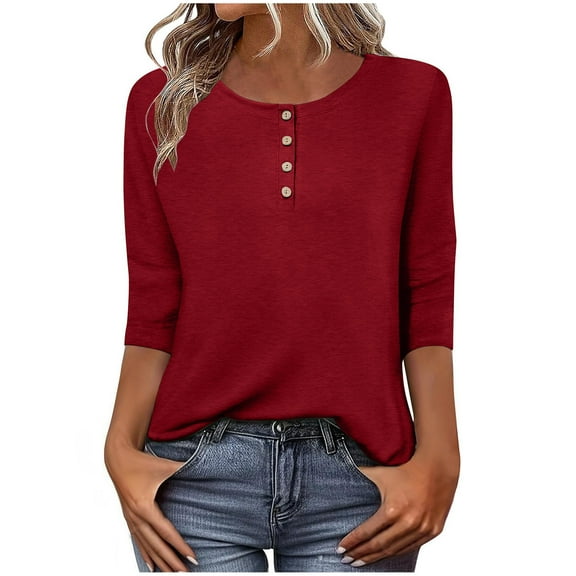 Turilly Women's Solid Color Casual Button T-Shirts Crewneck 3/4 Sleeve Loose Top