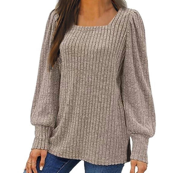 Turilly Women's Solid Color Neck Hem Slit Long Sleeved Loose T-Shirt Top