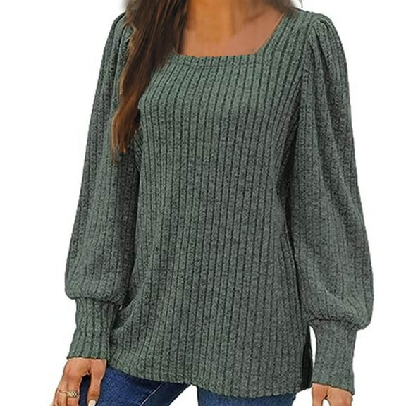 Turilly Women's Solid Color Neck Hem Slit Long Sleeved Loose T-Shirt Top